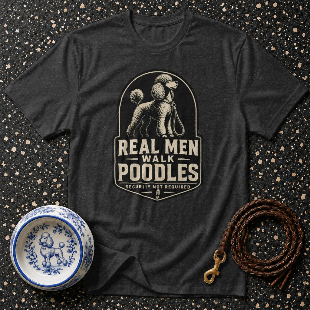 Dark grey t-shirt with "Real Men Walk Poodles" graphic, a dog bowl, and a leash.