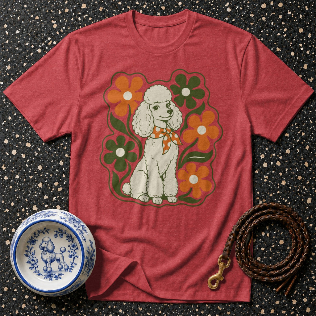 Red t-shirt with a white poodle graphic and retro flowers, dog bowl, and leash.