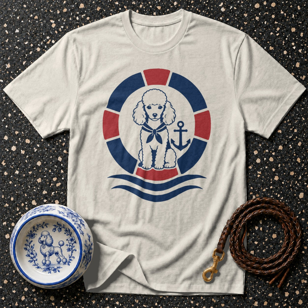 Cream t-shirt with a navy and red nautical poodle graphic and a dog bowl.