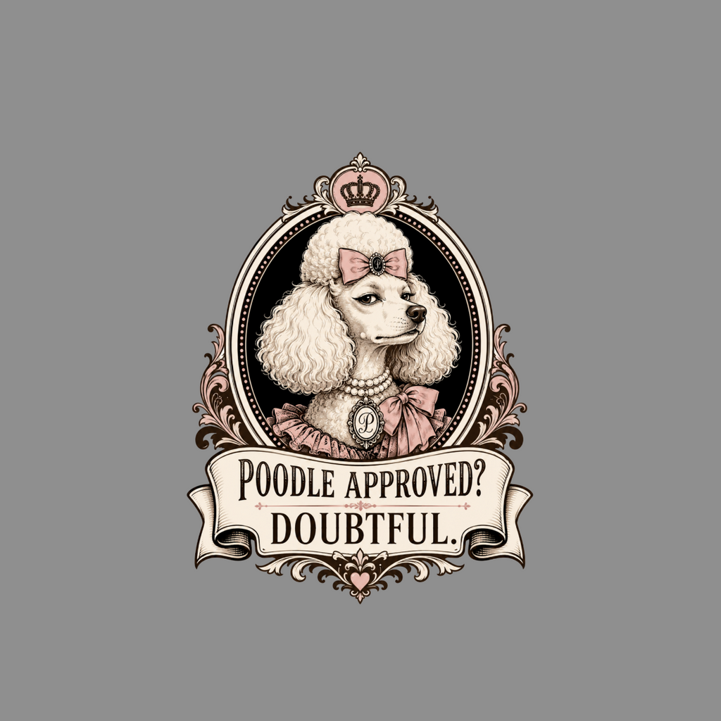 Poodle in ornate frame wears crown and bow, text reads "Poodle Approved? Doubtful."