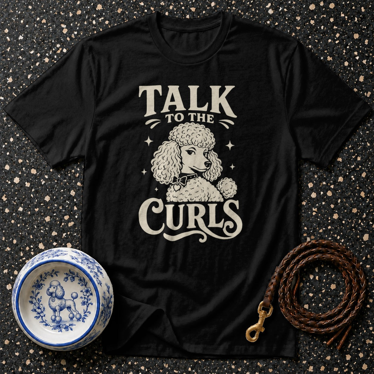 Black t-shirt with "Talk to the Curls" and a poodle graphic.