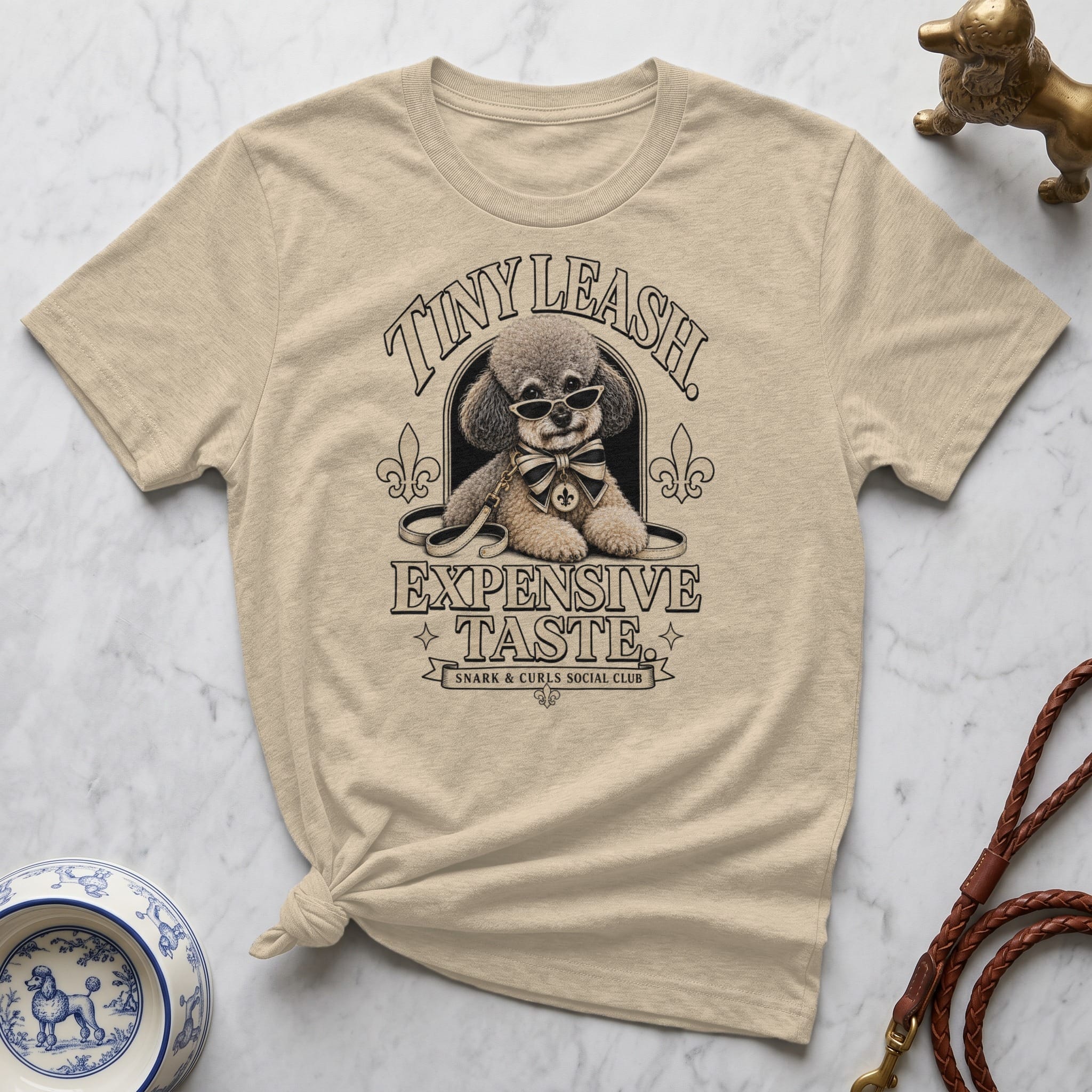 T-shirt with cartoon dog wearing sunglasses, "Tiny Leash Expensive Taste" text.