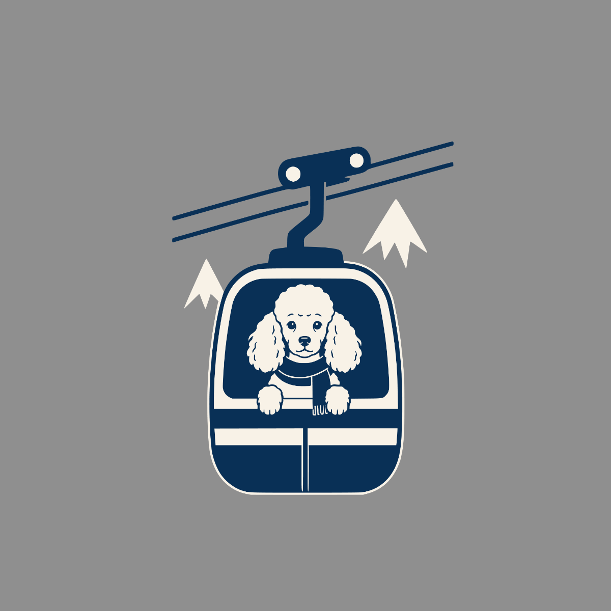 Poodle in ski lift with mountains in background