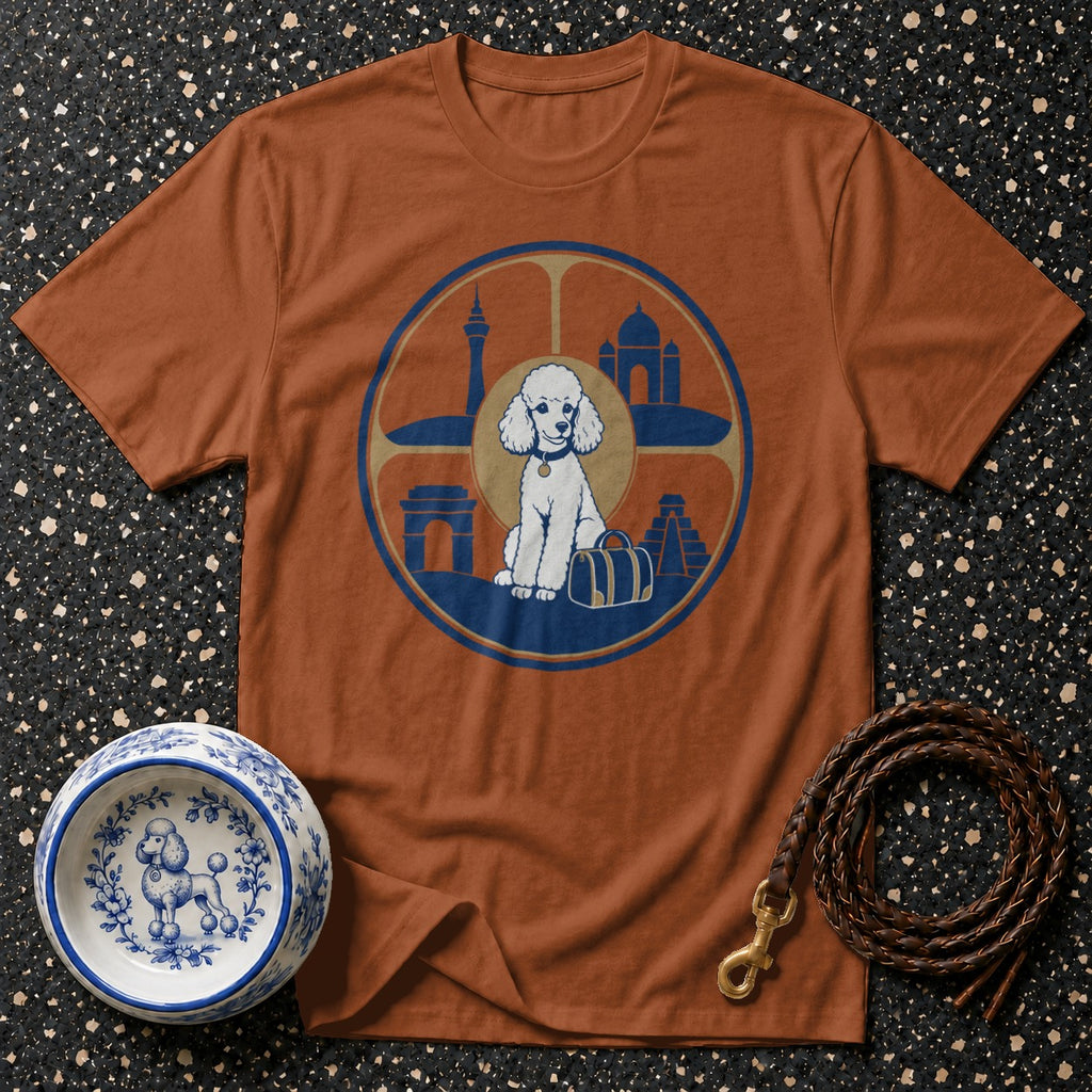 T-shirt with white poodle and travel landmarks in a circular graphic.