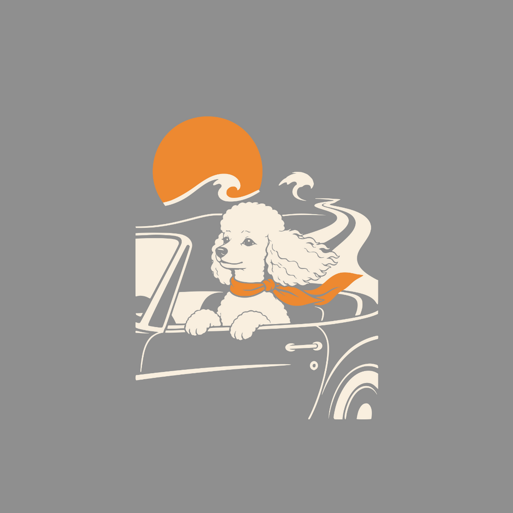 White poodle with orange scarf driving a car with sun and waves.