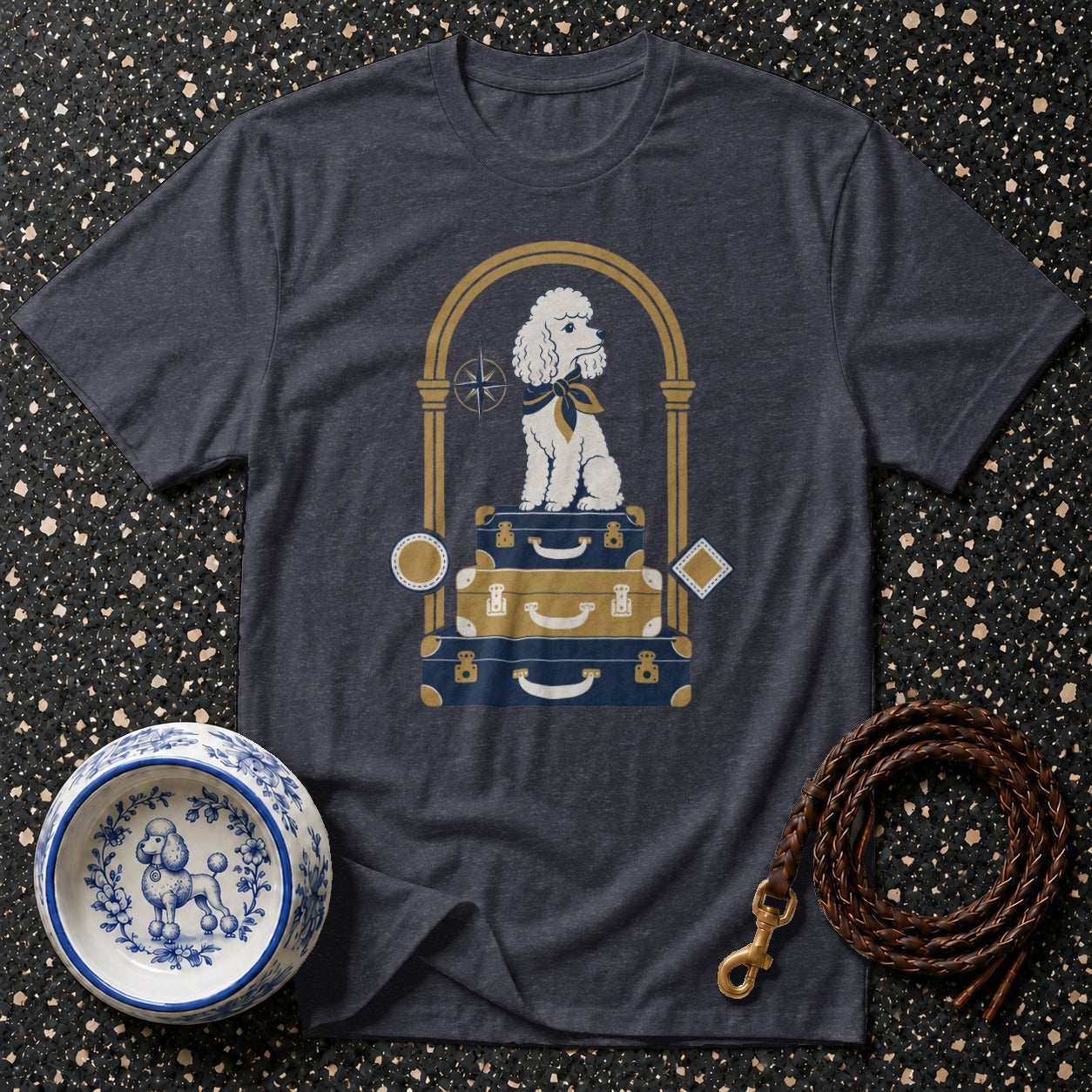 Dark grey t-shirt with a white poodle on stacked luggage design.
