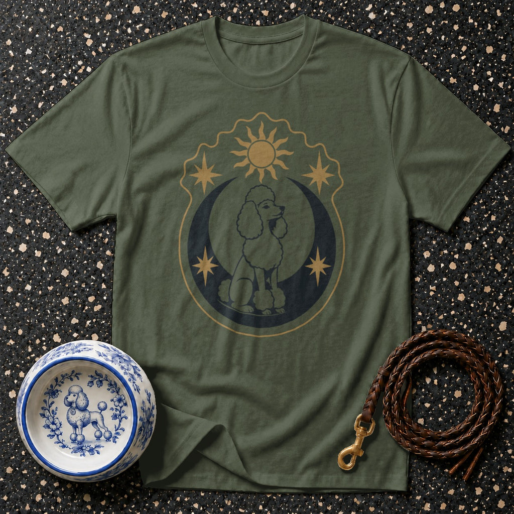 Olive green t-shirt with poodle silhouette on moon, stars, and sun graphic.