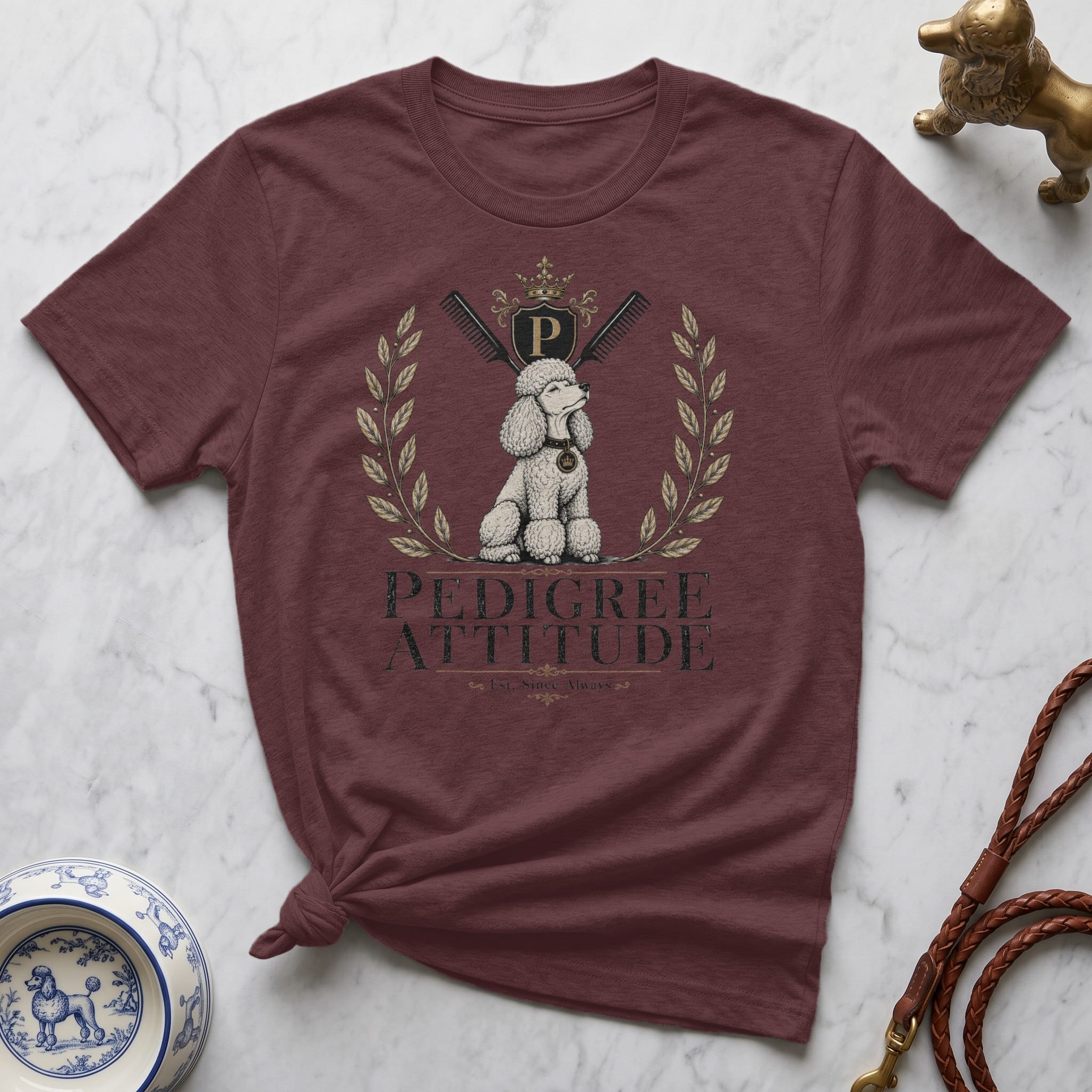 Maroon t-shirt with a poodle, combs, and "Pedigree Attitude" text.