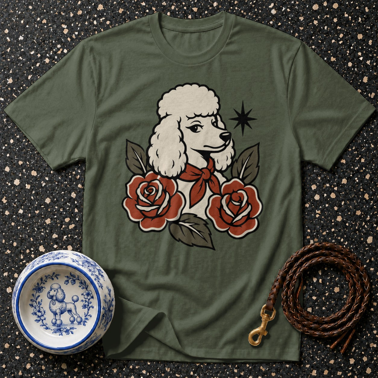Olive green t-shirt with white poodle and red roses graphic.