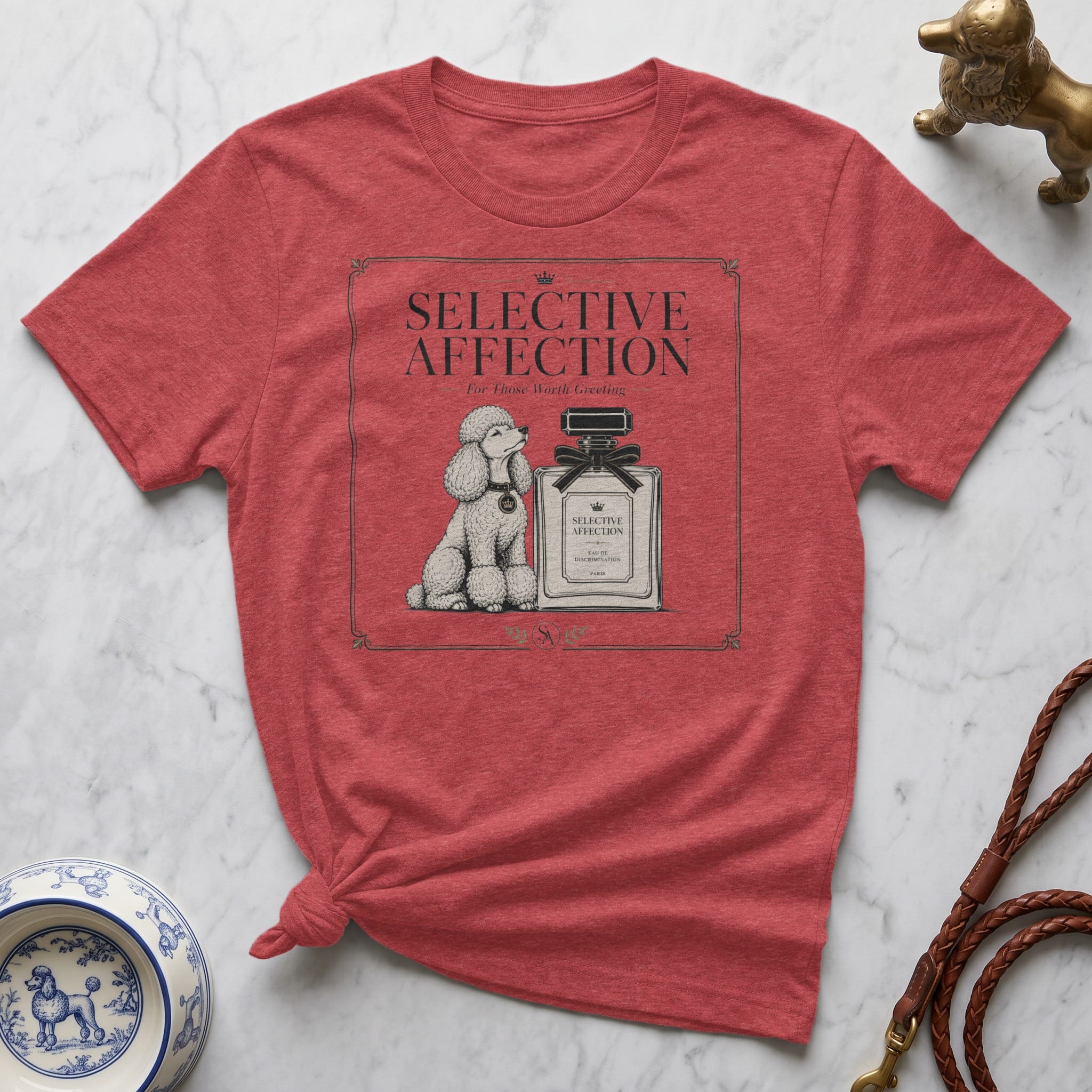 T-shirt with a poodle and perfume bottle graphic, "Selective Affection" text.