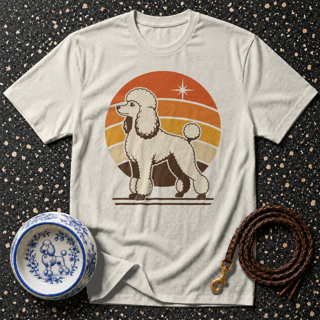 White t-shirt with retro poodle graphic and concentric sunset circles.