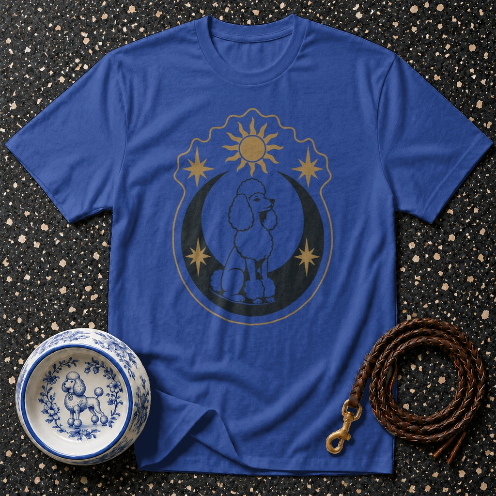Blue t-shirt with a celestial poodle design, a patterned dog bowl, and a braided leash.