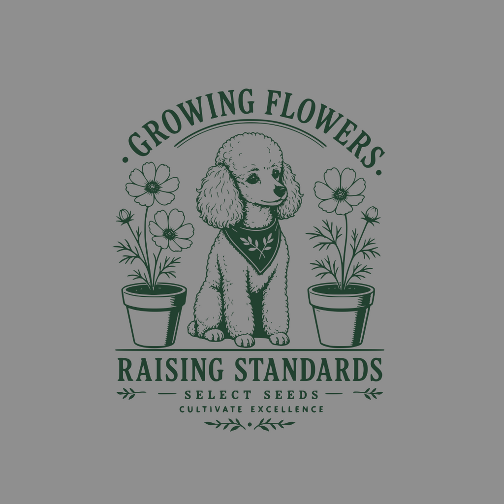 Poodle with flowers in pots, text reads "Growing Flowers Raising Standards Select Seeds Cultivate Excellence"