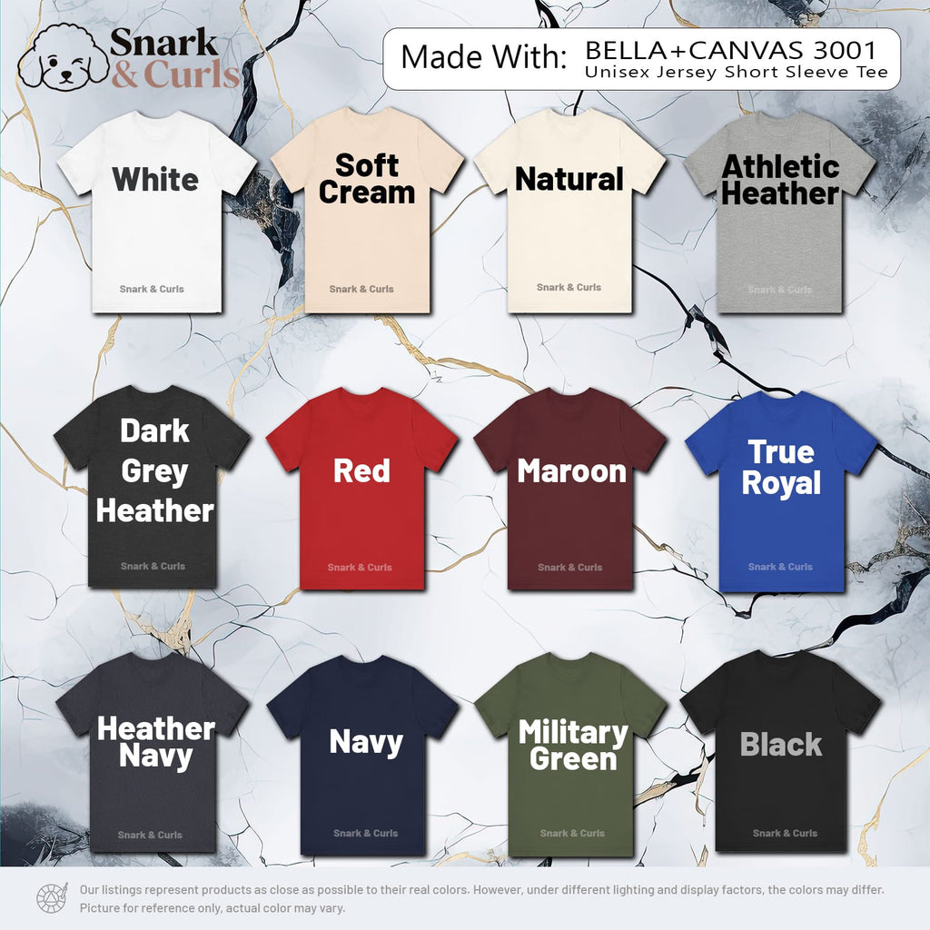 Various colored t-shirts laid out, showing color options for a unisex jersey tee.