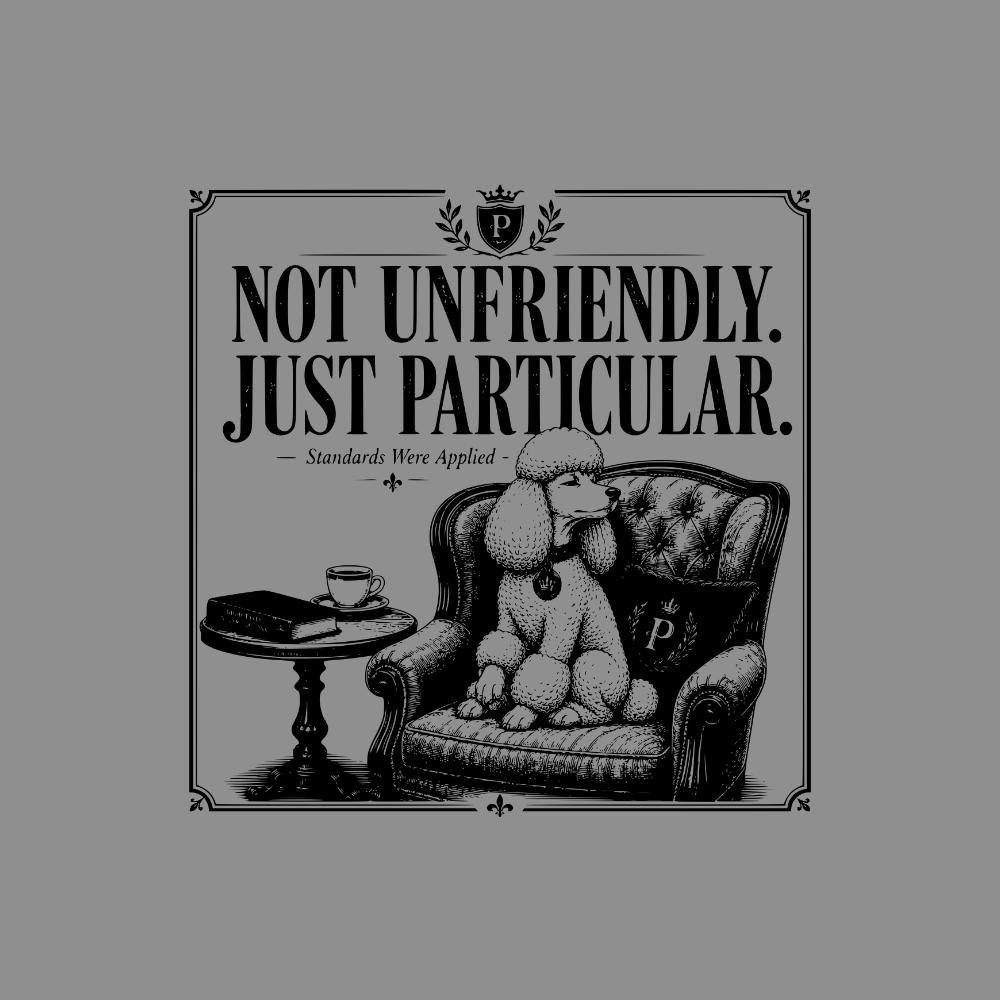 Poodle wearing a collar sits on a leather chair with a book and coffee.