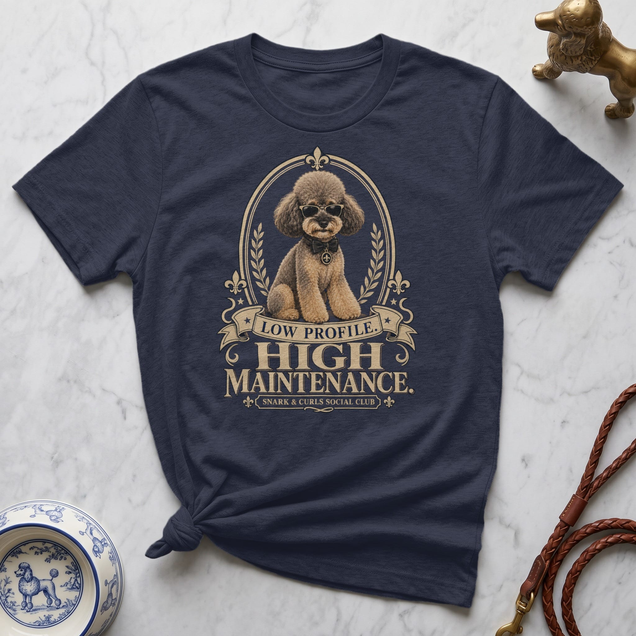 Dark blue t-shirt with a poodle wearing sunglasses, "High Maintenance" text.