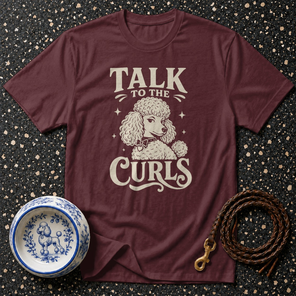 Maroon t-shirt with "Talk To The Curls" and a poodle graphic.