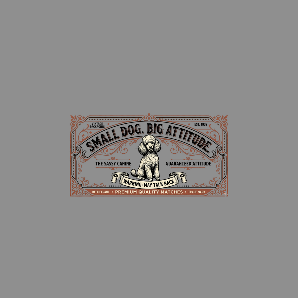 Vintage packaging label with poodle and text "Small Dog. Big Attitude."