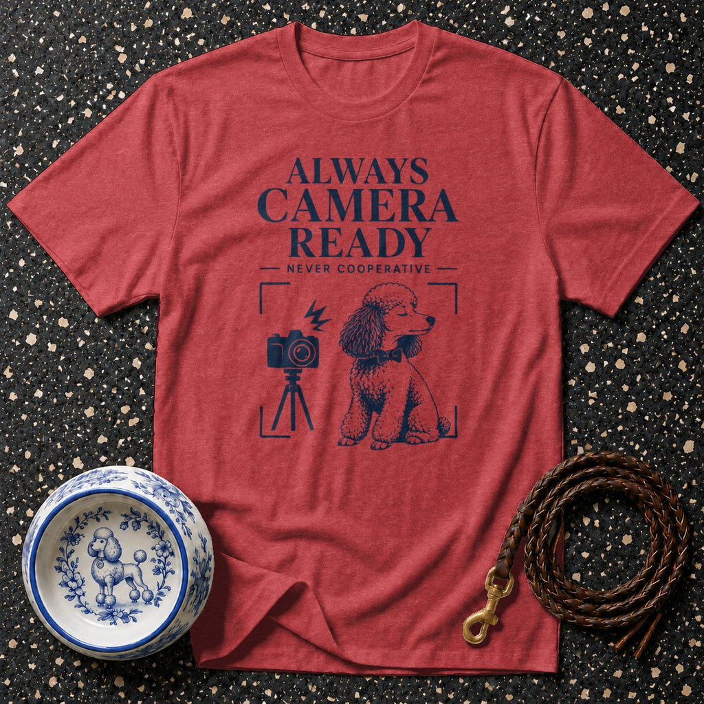 Red t-shirt with navy text "ALWAYS CAMERA READY NEVER COOPERATIVE" and poodle graphic.