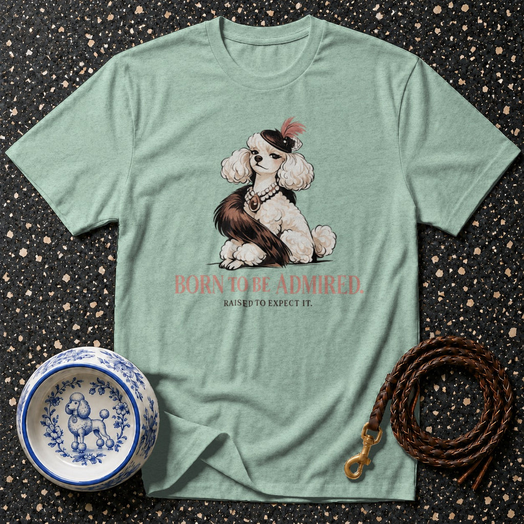 Mint green t-shirt with illustrated poodle and text "BORN TO BE ADMIRED. RAISED TO EXPECT IT."