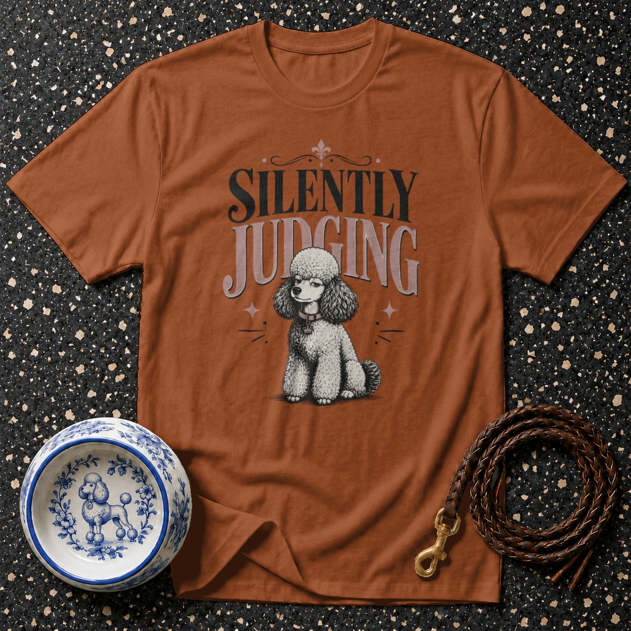 Orange t-shirt with "Silently Judging" text and a poodle graphic.