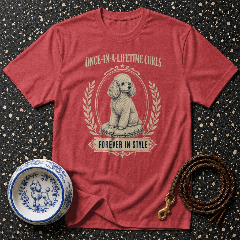 Red t-shirt with a poodle illustration and text "ONCE-IN-A-LIFETIME CURLS" and "FOREVER IN STYLE".