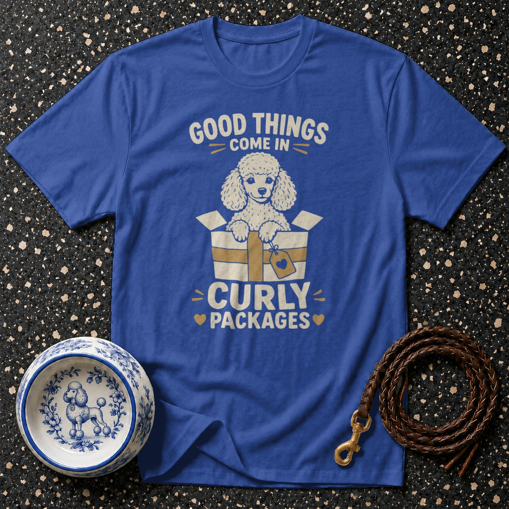 Blue t-shirt with a poodle in a box graphic and text "Good Things Come In Curly Packages."