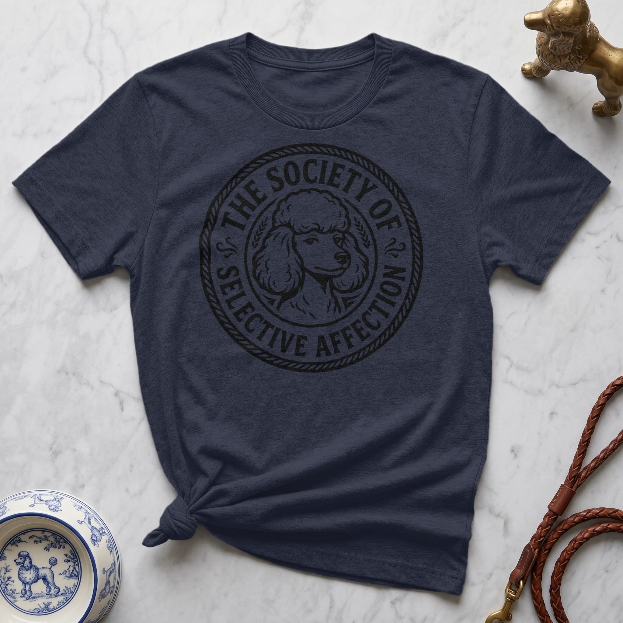 Dark blue t-shirt with a circular graphic of a poodle and the text "The Society of Selective Affection".