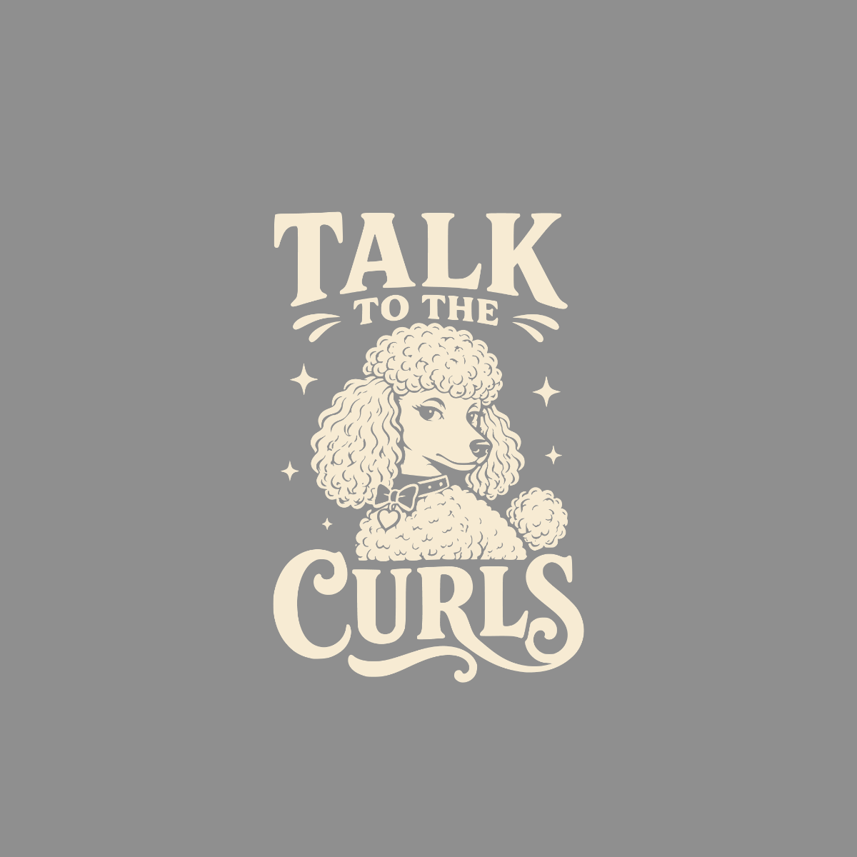 Talk to the curls, cream poodle with bow and stars.