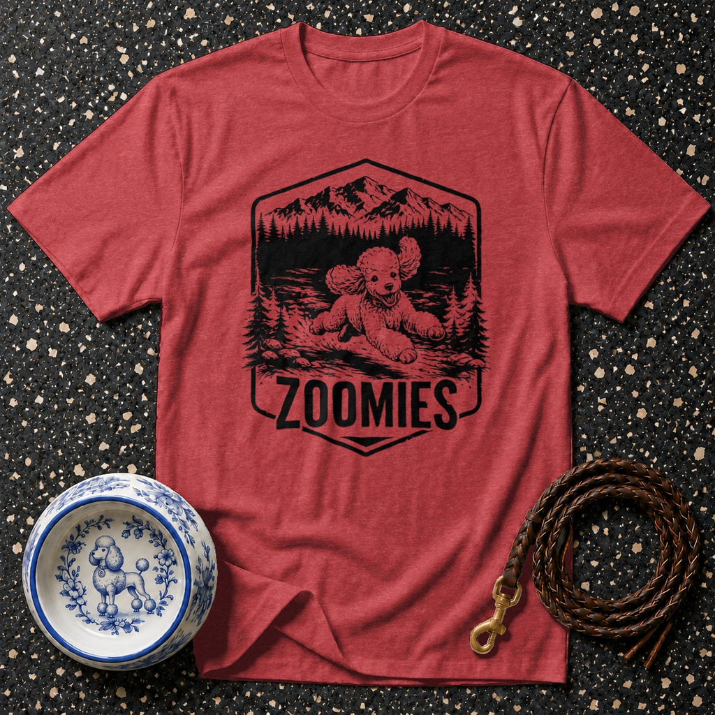 Red t-shirt displaying a poodle graphic with "Zoomies" text, next to a dog bowl and leash.