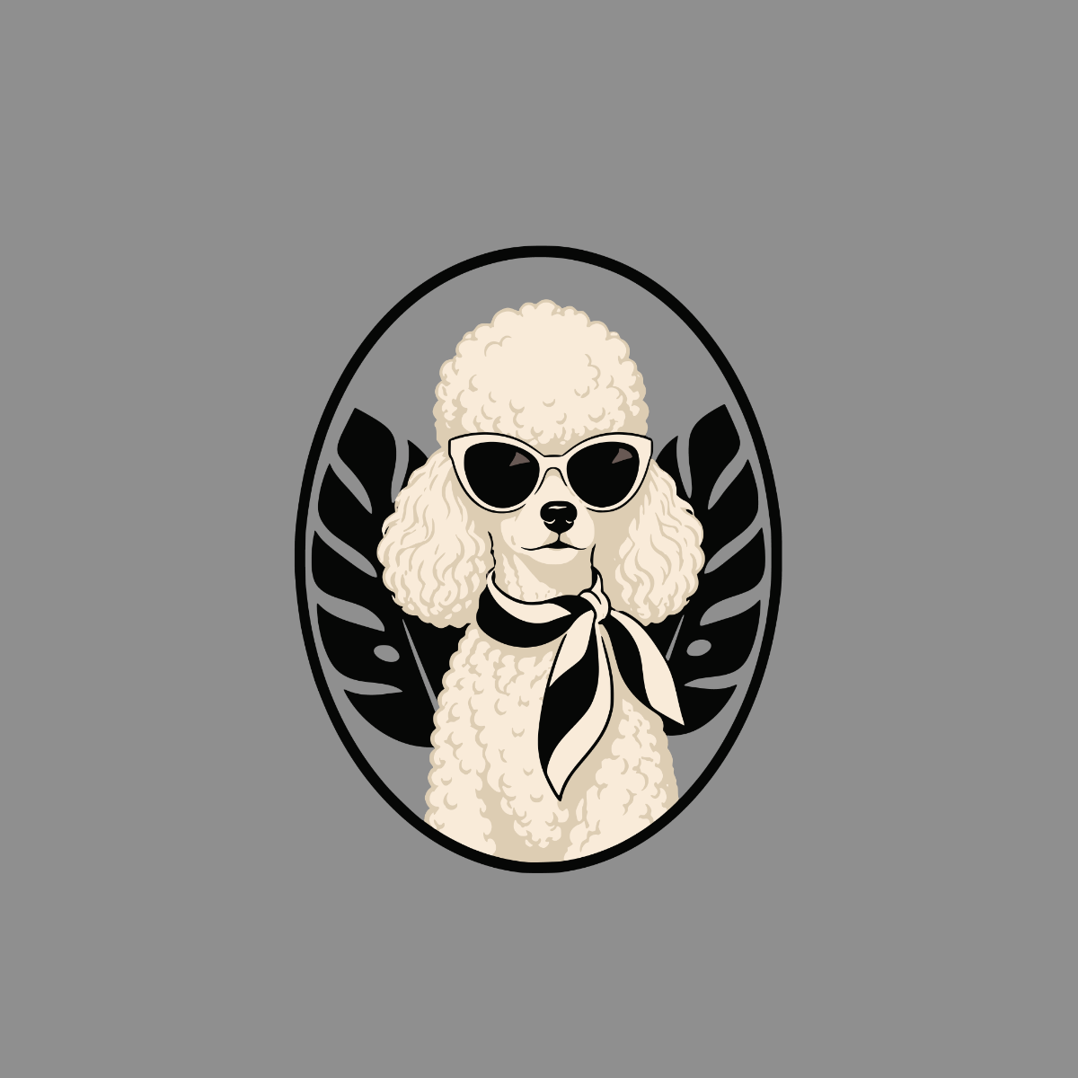 White poodle wearing sunglasses and a scarf inside an oval frame with leaves.