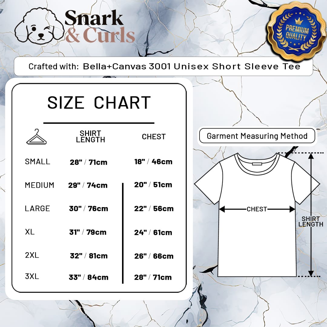 Bella+Canvas 3001 size chart showing shirt length and chest measurements for unisex tees.
