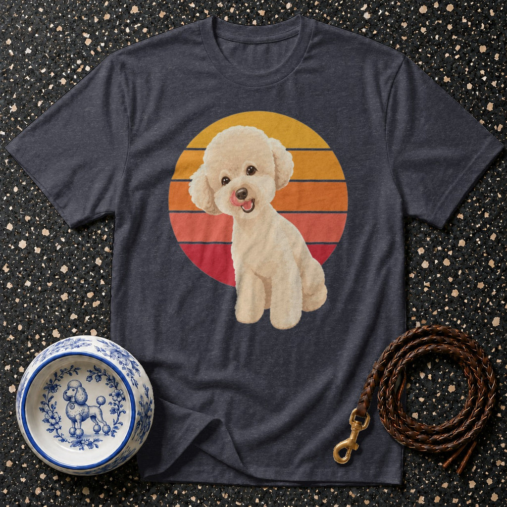 Dark gray t-shirt with cream poodle art and sunset circle graphic.