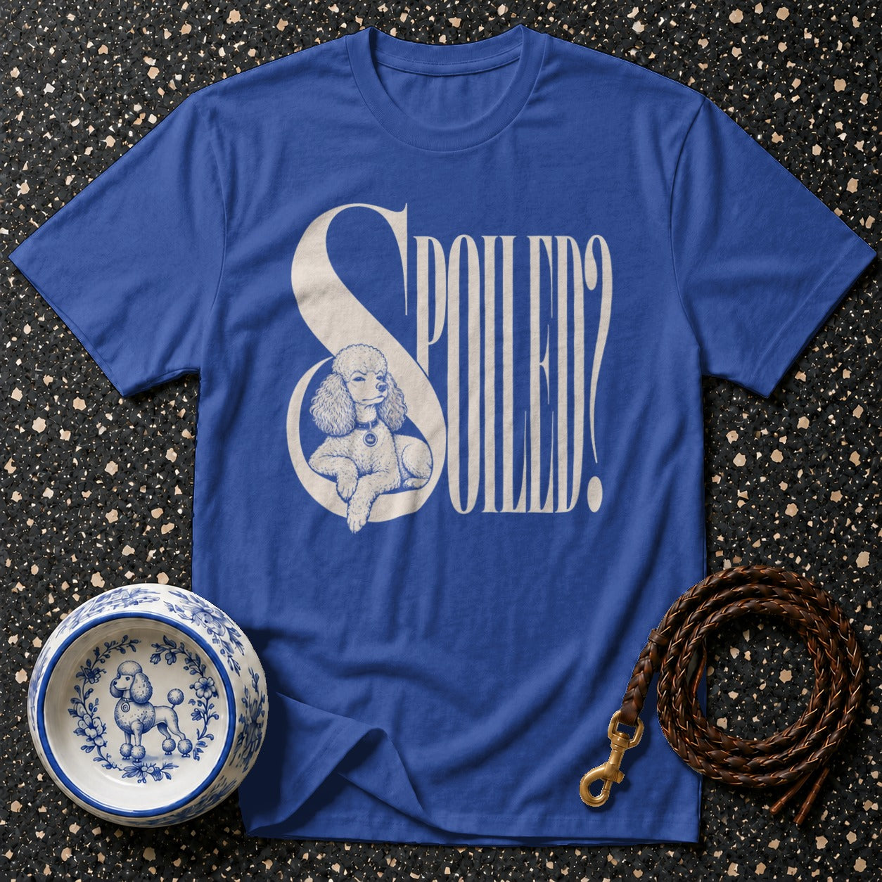Blue t-shirt with "SPOILED?" text and a poodle illustration.