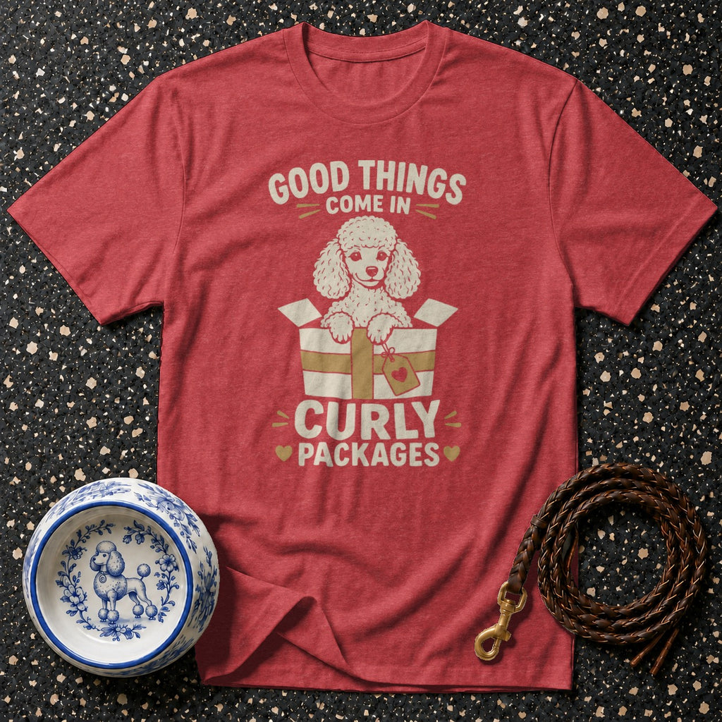 Red t-shirt with "Good Things Come in Curly Packages" and a poodle in a gift box.