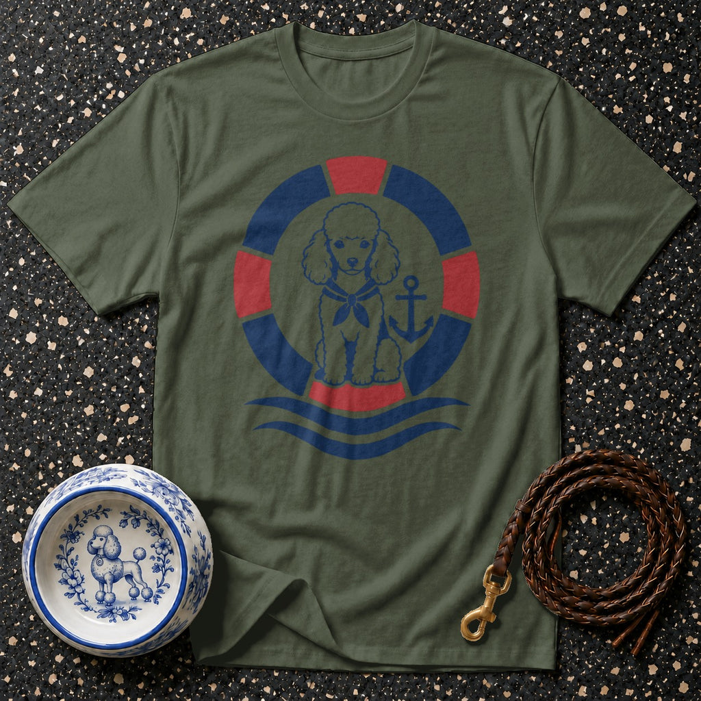 Green t-shirt with a navy and red poodle graphic wearing a sailor scarf and anchor.