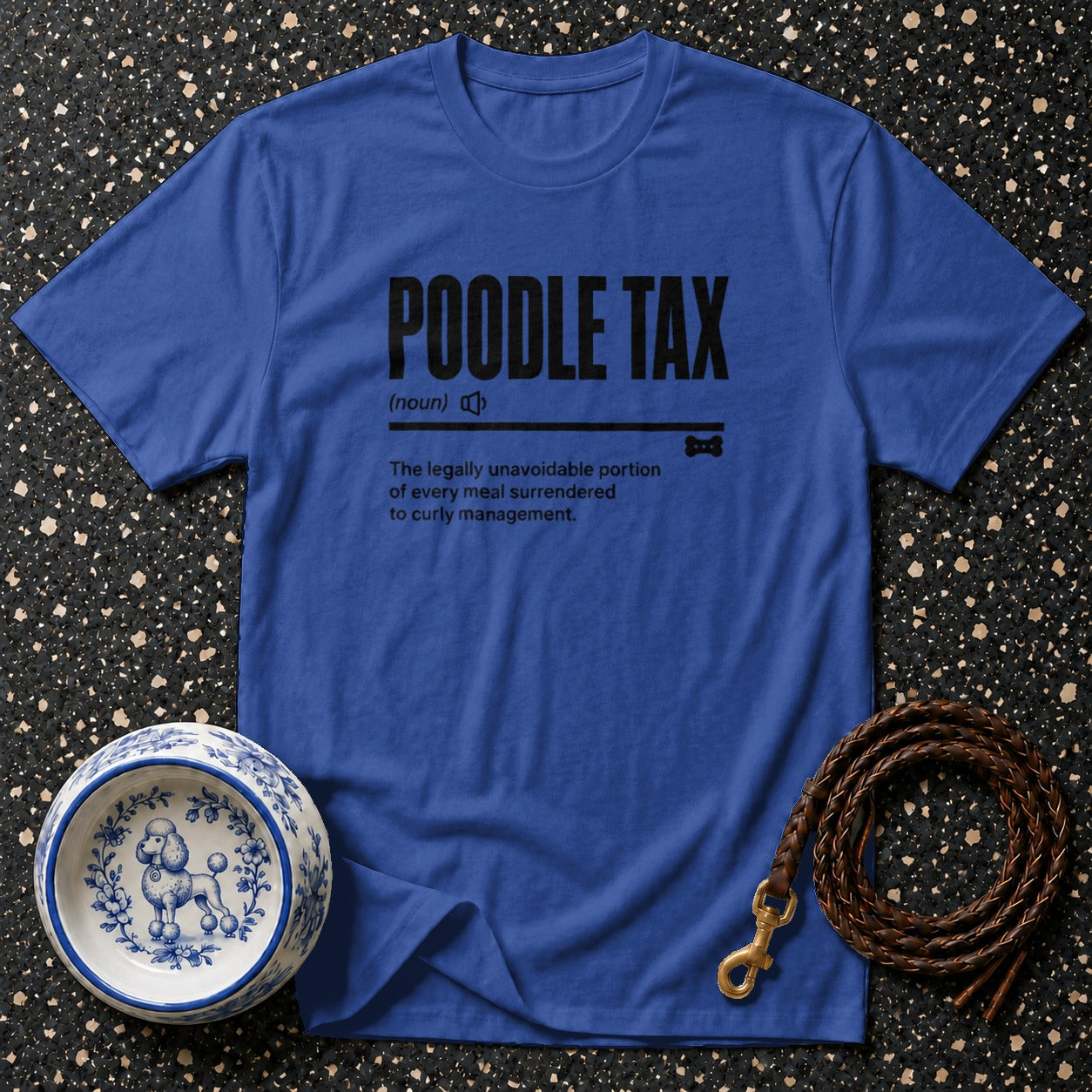 Blue t-shirt with "POODLE TAX" and its definition printed in black text.
