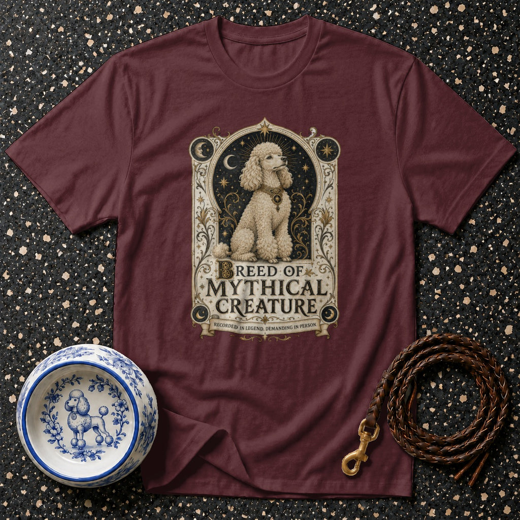 Maroon t-shirt with poodle print, bowl, and leash.
