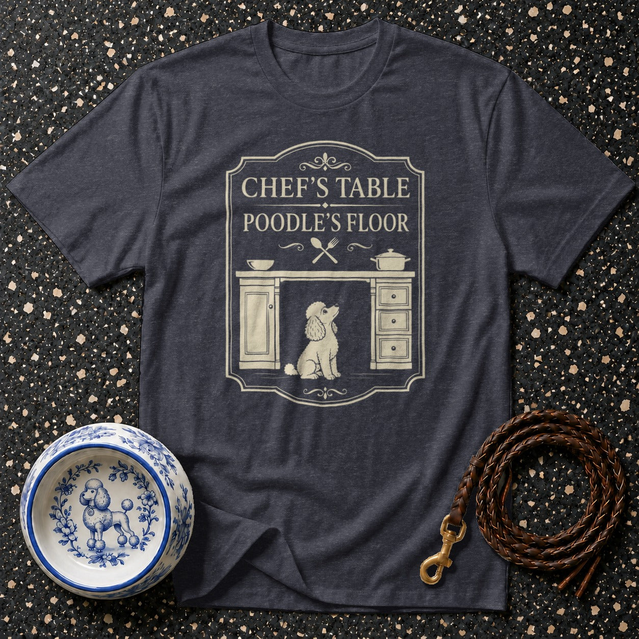 Dark gray t-shirt with "Chef's Table Poodle's Floor" text and poodle illustration.