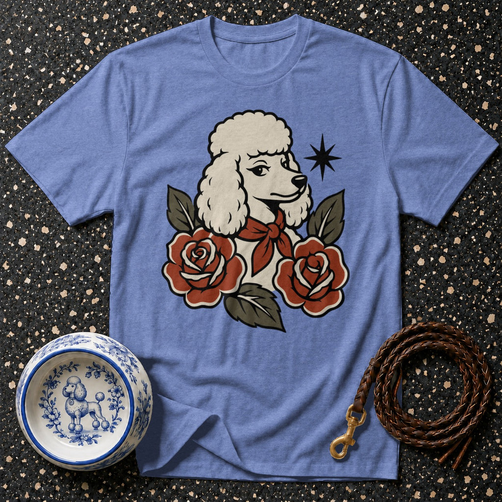 Blue t-shirt with poodle, roses, and star graphic.