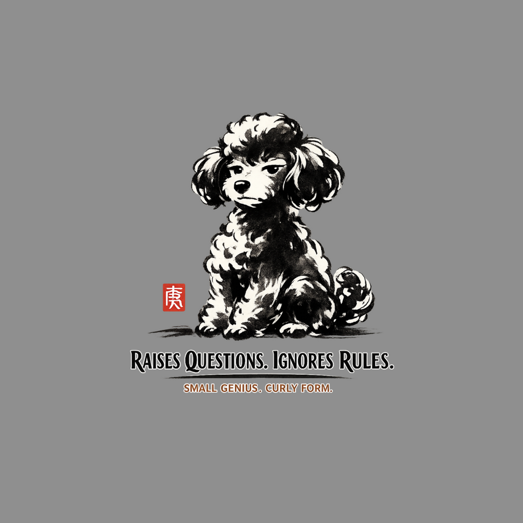Ink dog with text "RAISES QUESTIONS. IGNORES RULES. SMALL GENIUS. CURLY FORM."