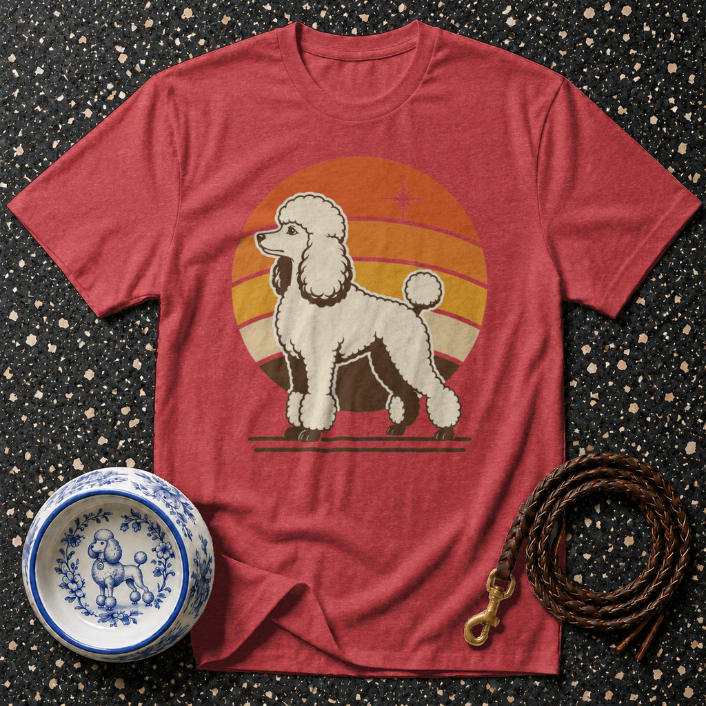 Red t-shirt with white poodle graphic and retro sunset.