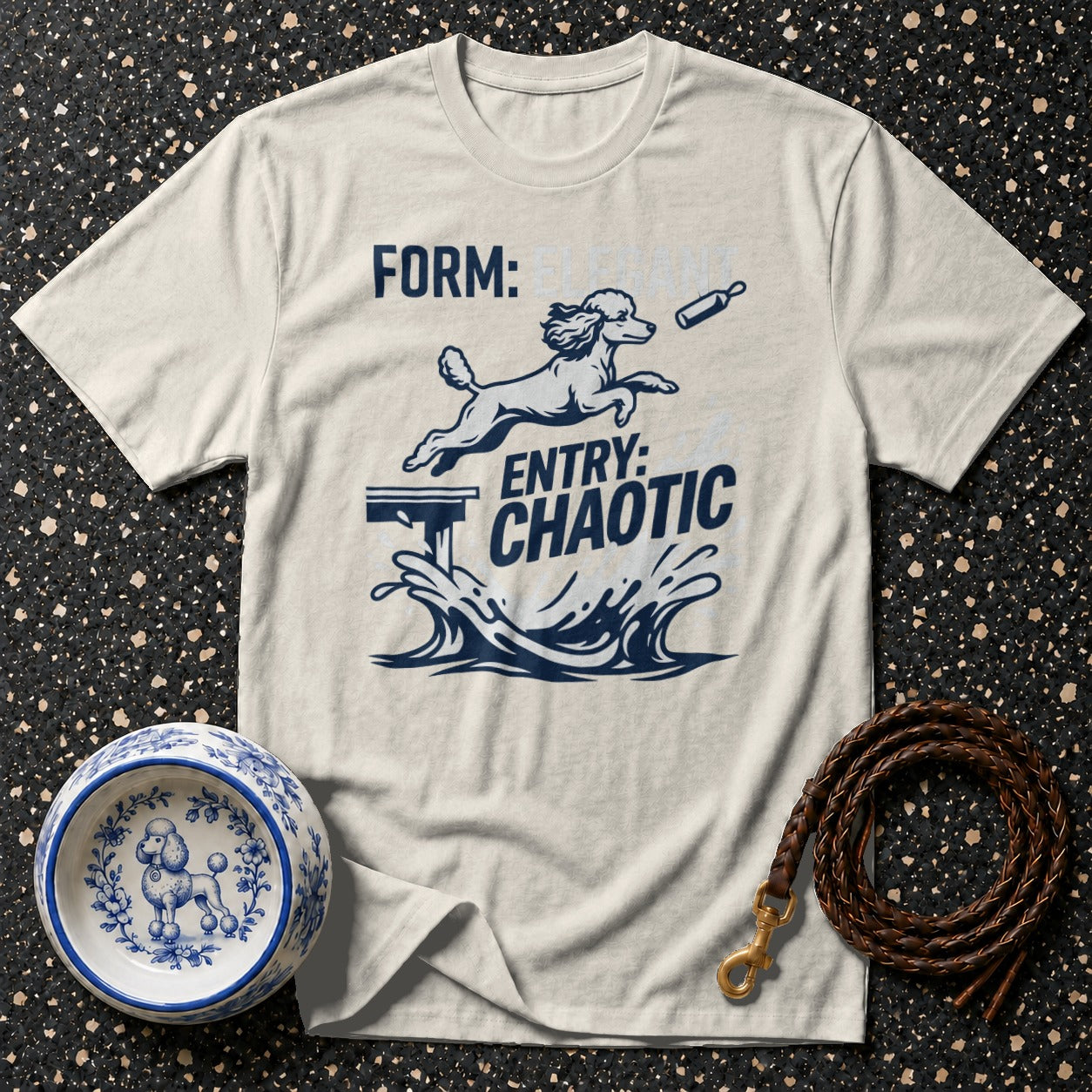 T-shirt with text "FORM: ELEPHANT ENTRY: CHAOTIC" and a poodle jumping into water.