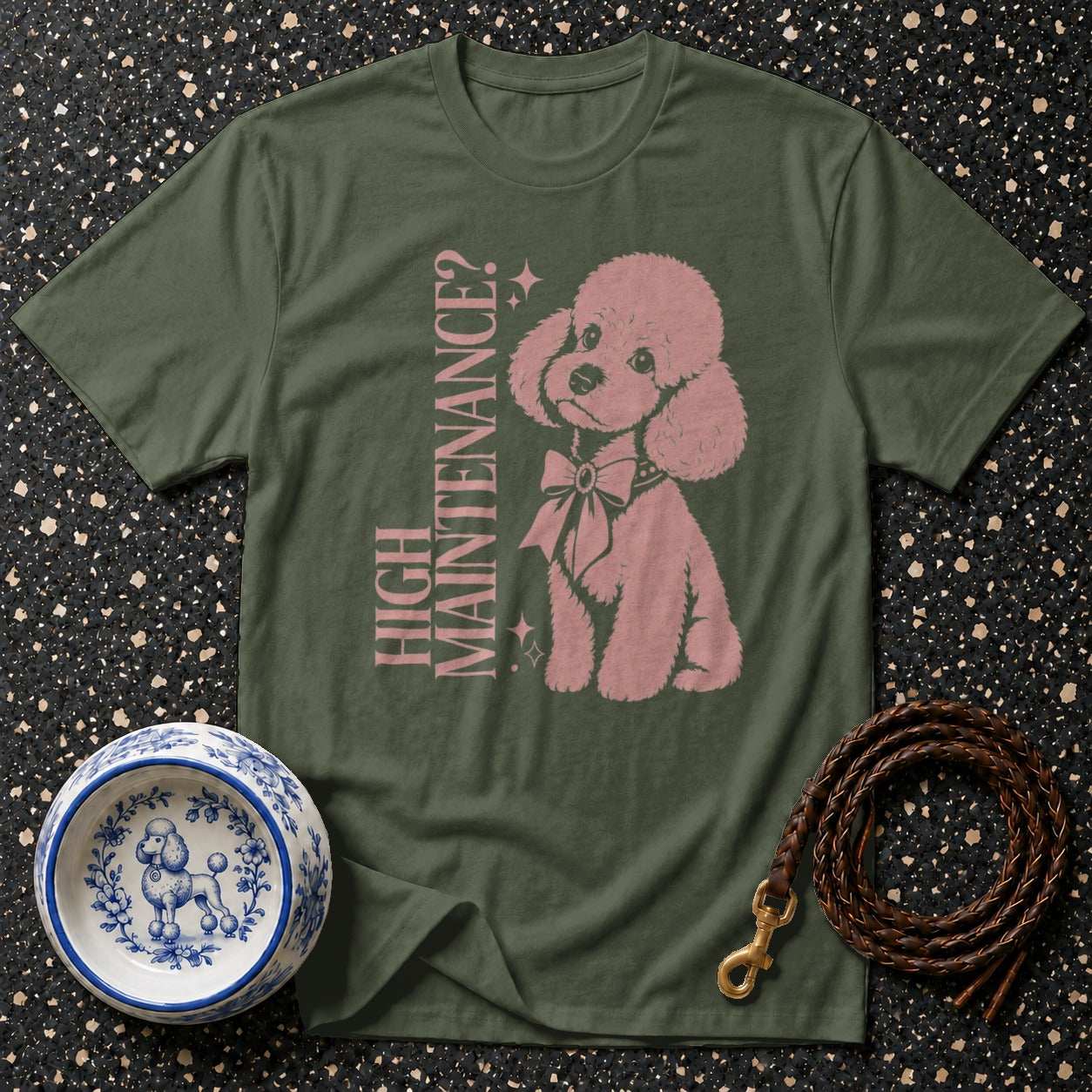 Green t-shirt with pink poodle graphic and text "HIGH MAINTENANCE?".