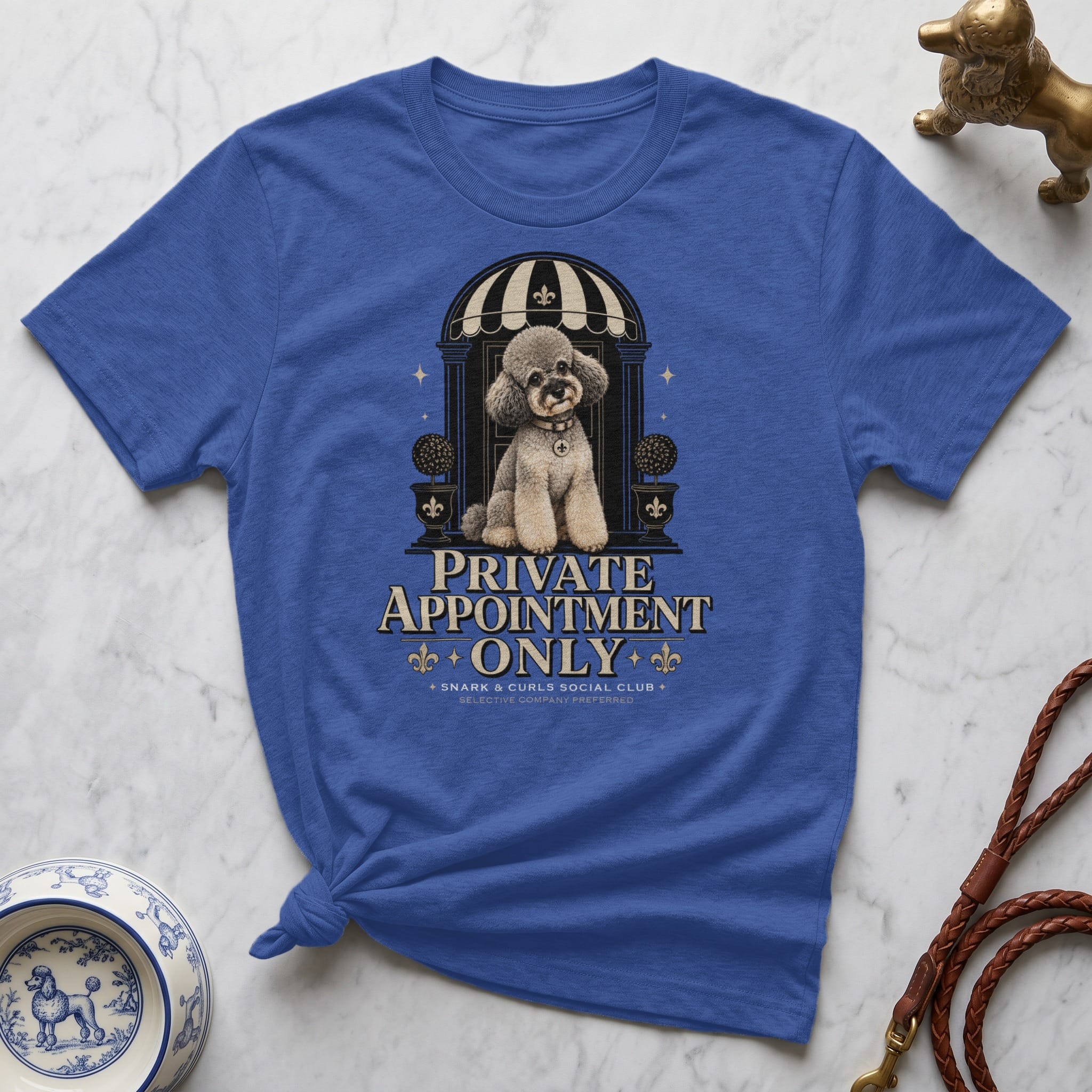 Blue t-shirt with graphic of a poodle in an archway, "PRIVATE APPOINTMENT ONLY".