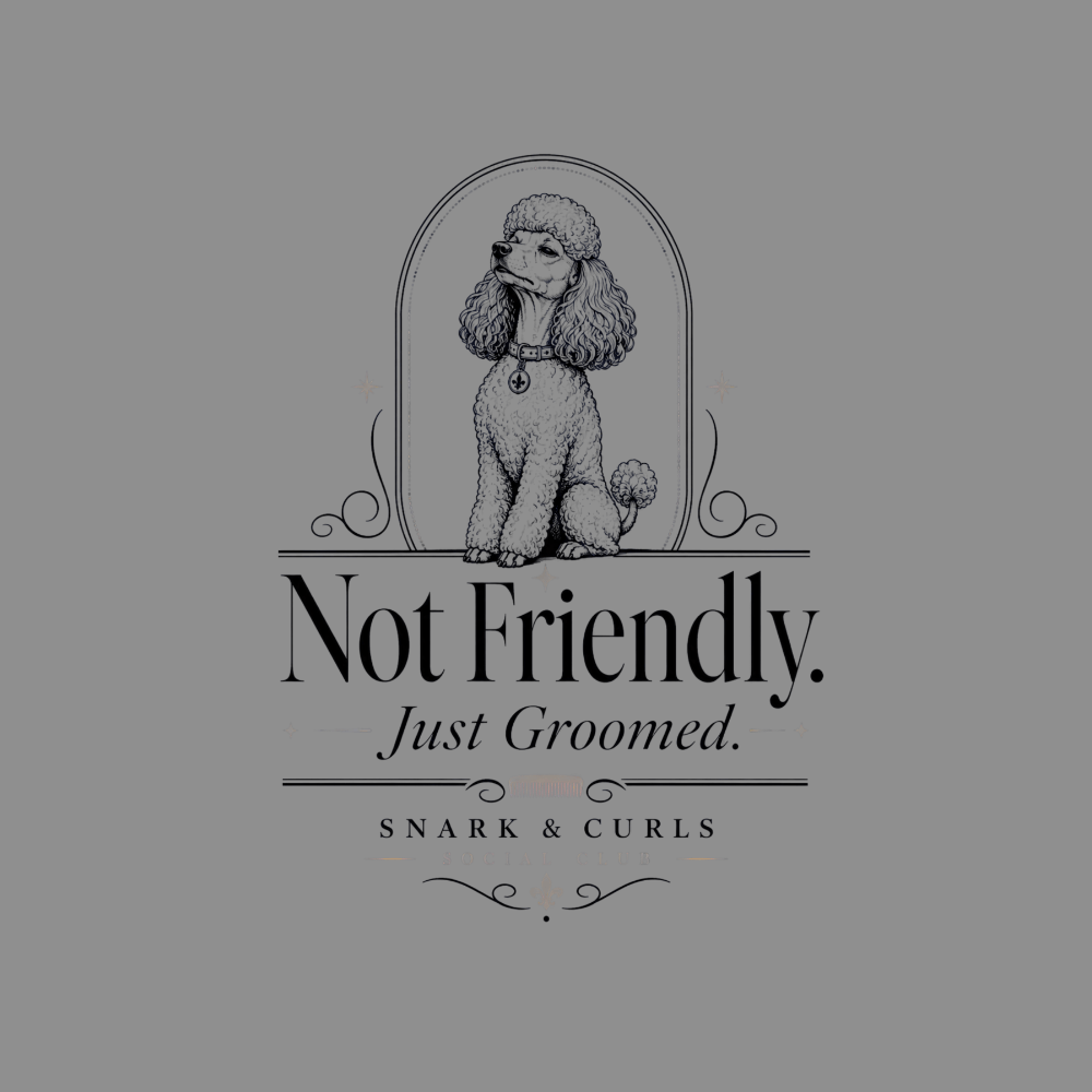 Poodle logo for Not Friendly. Snark & Curls grooming service.