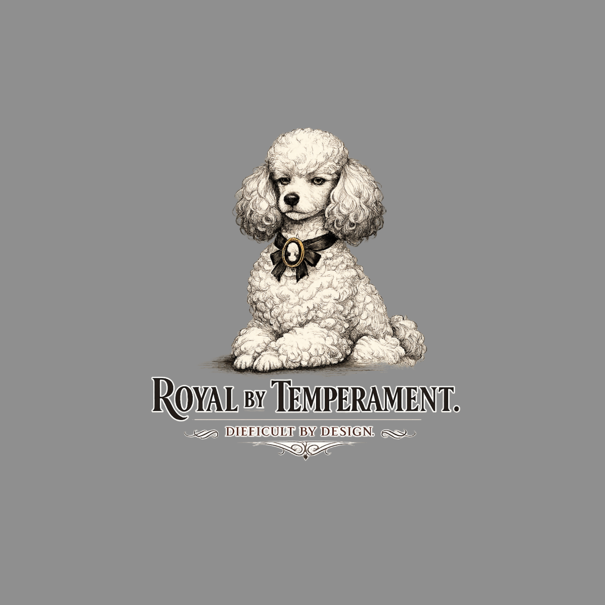 Poodle wearing a cameo brooch on a black ribbon, with text "ROYAL BY TEMPERAMENT."