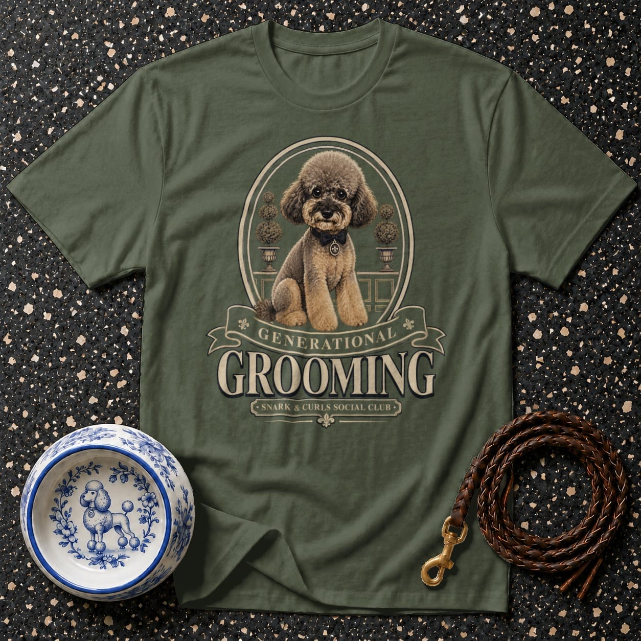 Green t-shirt with "Generational Grooming" text and a poodle illustration.