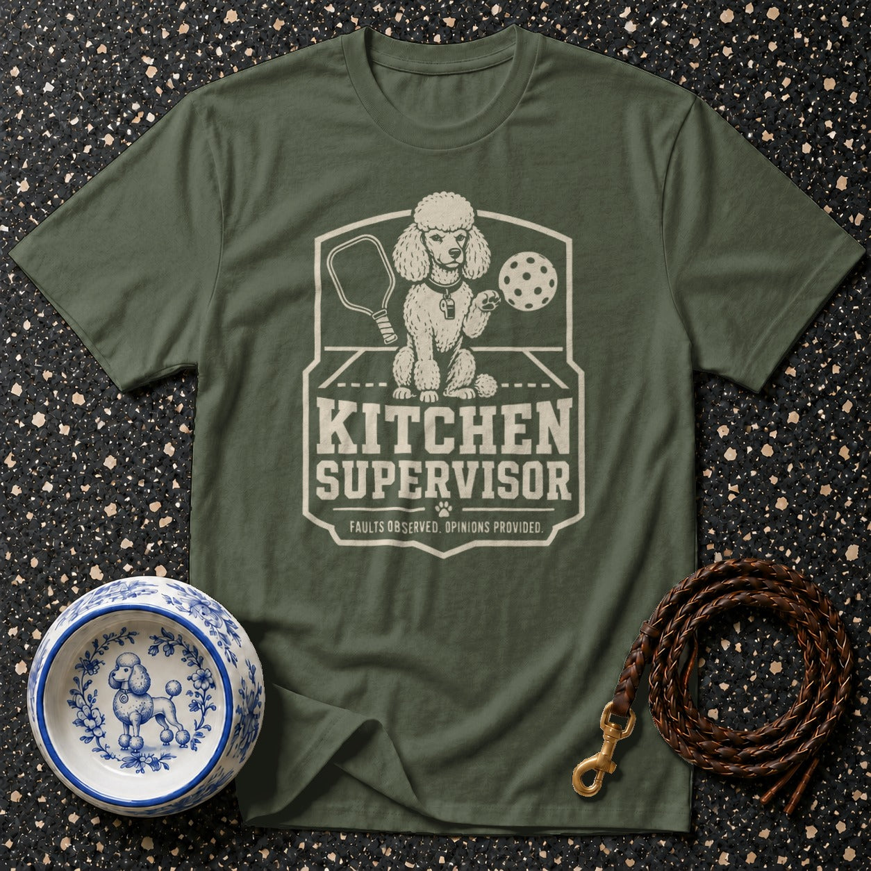 Green t-shirt with "KITCHEN SUPERVISOR" text and poodle graphic.