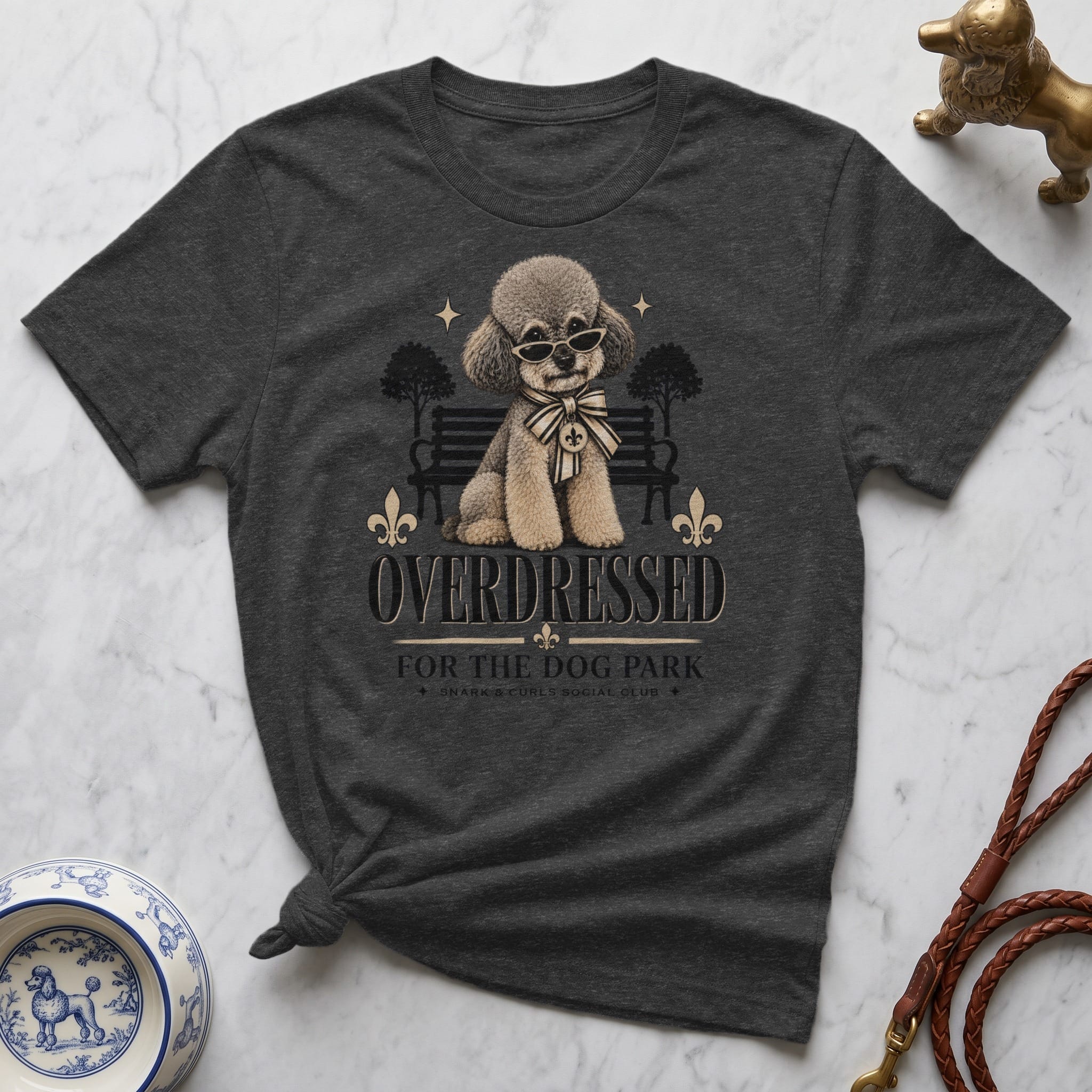 Dark gray t-shirt with a poodle wearing sunglasses and a bow tie.